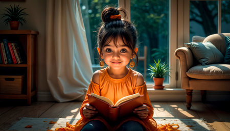 Charmed and happy girl reading a fascinating book in a modern living room. The girl is excited and very happyの素材
