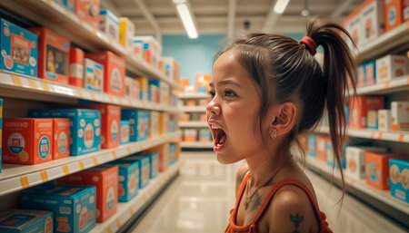 Excited and angry capricious girl cries and demands to buy something in the store.の素材