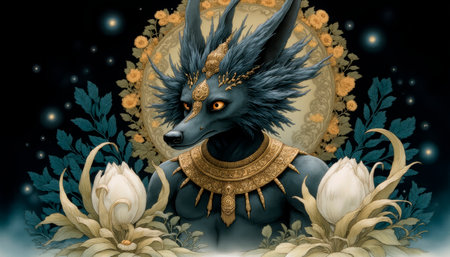 Ancient Egyptian mythical god Anubis in the form of a black jackal.の素材