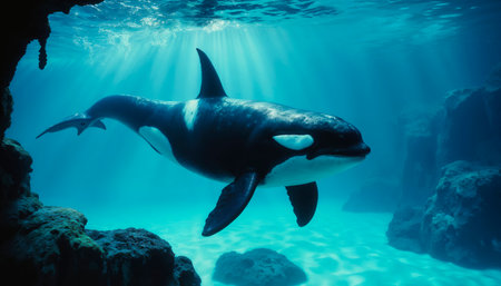 A majestic killer whale gracefully swims through the water, captured in slow motion.の素材