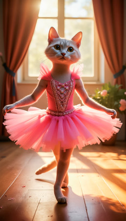 Cute kitty ballerina in pink ballet skirt performs ballet moves.の素材