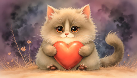 Incredibly cute fluffy kitten holds her heart in her paws - Valentine, Happy Valentine's Day.の素材