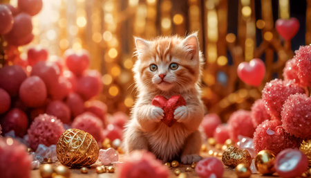 Incredibly cute fluffy kitten holds her heart in her paws - Valentine, Happy Valentine's Day.の素材