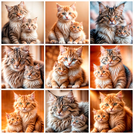 Collage of portraits of a cat with a kitten, a cat - mother and her baby.の素材