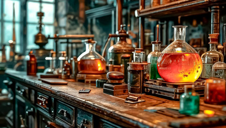 Old science lab with chemical reagents and burner.の素材
