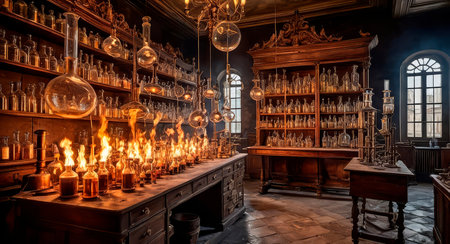 Old science lab with chemical reagents and burner.の素材