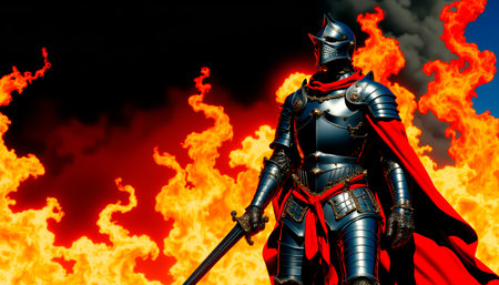 Great medieval knight in armor and with a sword in the fire of battle.の素材