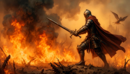 Great medieval knight in armor and with a sword in the fire of battle.の素材