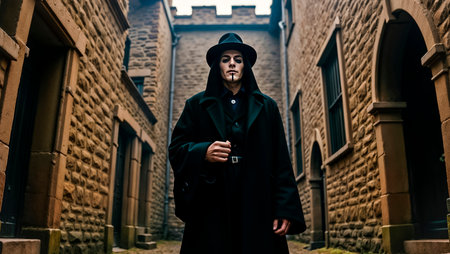 An ominous and frightening man in a mask slowly invites you to enter a medieval castle - anxiety, horror, dangerの素材