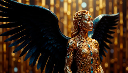 Magnificent and majestic golden angel, mythical angel, gilded angel, heavenly messenger.の素材