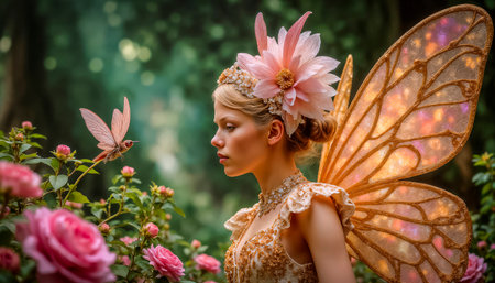 A mysterious little elf and bright exotic flowers. A magical fairy with shimmering wings, beauty, girl, woman, fantasy, fairytale dreamの素材