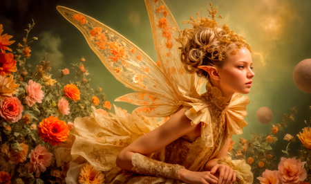A mysterious little elf and bright exotic flowers. A magical fairy with shimmering wings, beauty, girl, woman, fantasy, fairytale dreamの素材