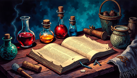 Magic book and tarot cards, fortune telling on Halloween night.の素材