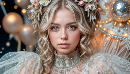 Portrait of a beautiful innocent girl in a chic white dress, beautiful bride or fairy.の素材