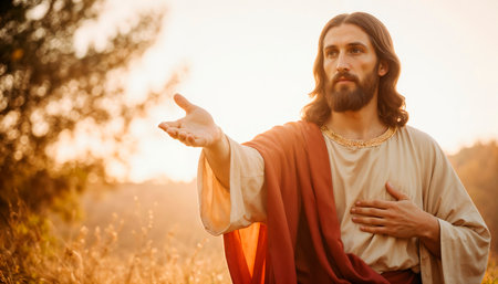 A beautiful Jesus Christ extends his hand and smiles warmly, sacred, virtue.の素材