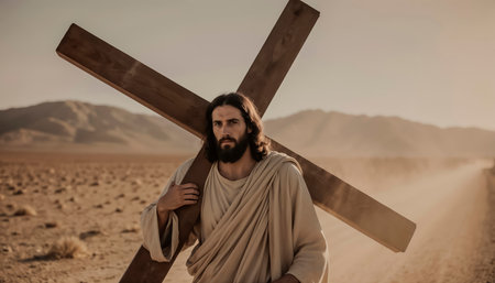 The martyr Christ carries a heavy cross along the deserted road to Golgothaの素材