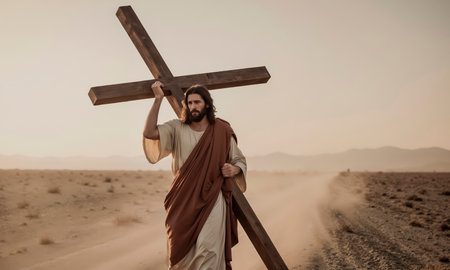 The martyr Christ carries a heavy cross along the deserted road to Golgothaの素材