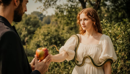 Beautiful Eve, entwined with a serpent, offers Adam an apple in Eden: a divine encounter with temptation in the Garden of Eden, a biblical depiction of the Old Testamentの素材