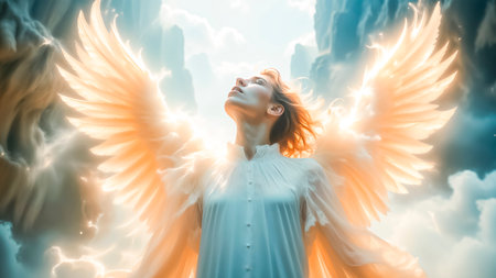 The soul of a deceased person ascends to heaven. Afterlife, meditation and dream concept.の素材