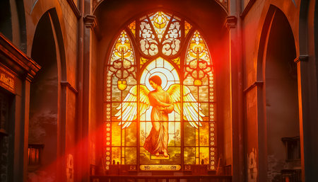 A ray of bright sun passes through the stained glass of the cathedral, as a sign of God, shimmering and shining in the glass, Catholic faith. Stained glass window depicting an angel in a ray of sun.の素材