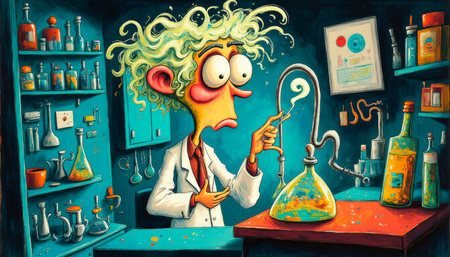 Mad scientist, professor doing experiment for science. character in science lab.の素材