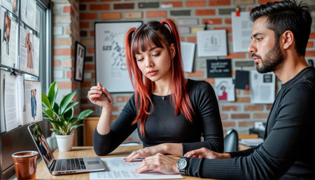 Employees discussing team management. Business colleagues schedule work on a Scrum board, plan tasks, communicate, discuss marketing strategy.の素材
