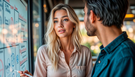 Employees discussing team management. Business colleagues schedule work on a Scrum board, plan tasks, communicate, discuss marketing strategy.の素材