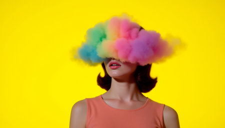 Colored smoke around the girl's head as a concept of mental disorder. Metaphor of mood disorder, psyche, mind.の素材