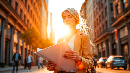 Happy young architect walking down the street with new project in hands.の素材