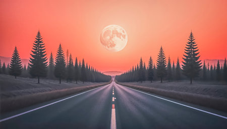 Silhouette of black road and black silhouettes of tall fir trees planted along the road, full moon on the horizon.の素材