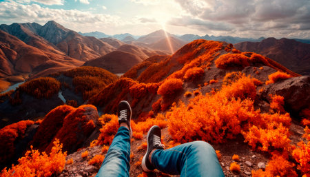 A young man admires a beautiful view of the mountains and waterfalls. A tourist admires the nature of the mountains.の素材