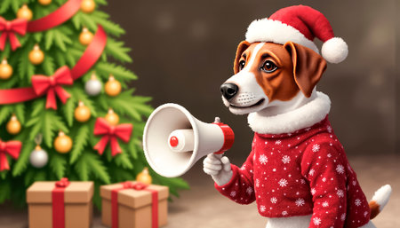A cheerful dog in a Santa hat with a megaphone in his paw announces Christmas discounts. A fabulous atmosphere of New Year and Christmasの素材