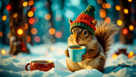 A cute squirrel in a funny knitted hat with a cup of aromatic drink in her paws. Christmas magical forest. Fairytale atmosphere of New Year and Christmasの素材