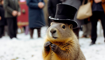 Groundhog Day is a holiday in the United States and Washington, DC, observed annually on February 2. Groundhog in a top hat.の素材