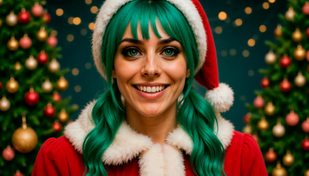 Santa's cheerful and cunning helper, a girl elf, smiles charmingly and cheerfully, looking at the camera. Christmas Eve, magic and witchcraftの素材