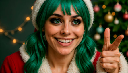 Santa's cheerful and cunning helper, a girl elf, smiles charmingly and cheerfully, looking at the camera. Christmas Eve, magic and witchcraftの素材