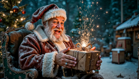 A cheerful and cunning Santa smiles charmingly and winks cheerfully, looking at the camera. Christmas Eve, magic and witchcraftの素材