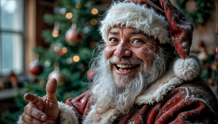 A cheerful and cunning Santa smiles charmingly and winks cheerfully, looking at the camera. Christmas Eve, magic and witchcraftの素材
