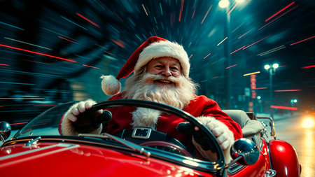 A cheerful Santa with a charming smile. Christmas Eve, magic and witchcraft. Santa's fun Christmas ride in the red carの写真素材