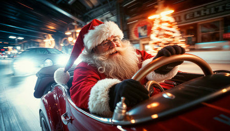 A cheerful and charming Santa with a smile. Christmas Eve, magic and fun. Santa's fun Christmas ride in the red carの写真素材