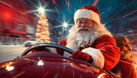 A cheerful and charming Santa with a smile. Christmas Eve, magic and fun. Santa's fun Christmas ride in the red carの写真素材