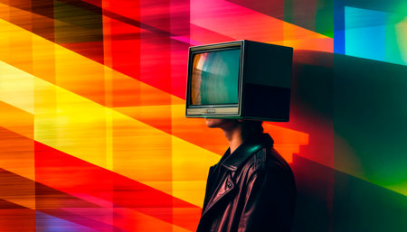 Creative surreal portrait of a woman with a retro radio and a flower on her head in an orange suit.の素材