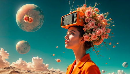 Creative surreal portrait of a woman with a retro radio and a flower on her head in an orange suit.の素材