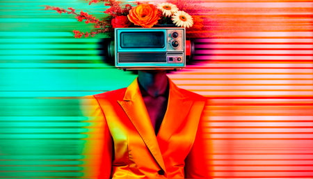 Creative surreal portrait of a woman with a retro radio and a flower on her head in an orange suit.の素材
