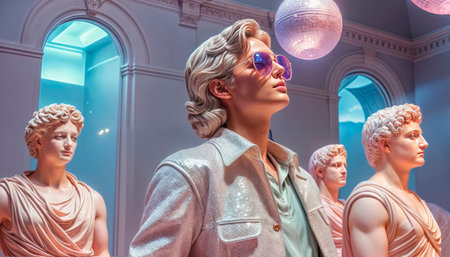 Fashion concept, modern young man in a modern museum hall with antique statues, classic in modernity.の素材