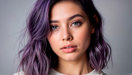 Portrait of a beautiful and girl with purple hair and fair skin.の素材