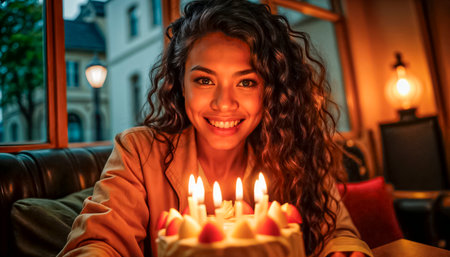 Beautiful young woman celebrating birthday with cake and candles.の素材