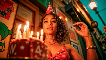 Beautiful young woman celebrating birthday with cake and candles.の素材
