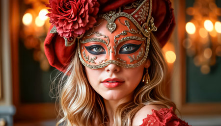A beautiful stranger at a Venetian carnival smiles mysteriously and tenderly.の素材