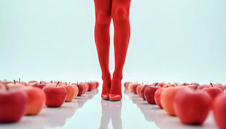 Slender female legs in red stockings and red high-heeled shoes slowly step between ripe red apples against the white background of an infinity mirrorの素材